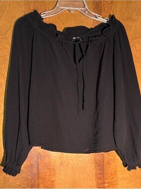 Zara Black Long-Sleeve Peasant Tunic Blouse